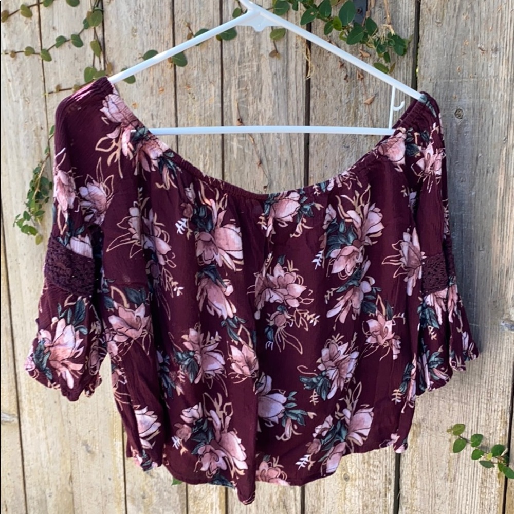 Burgundy floral top goes off shoulders